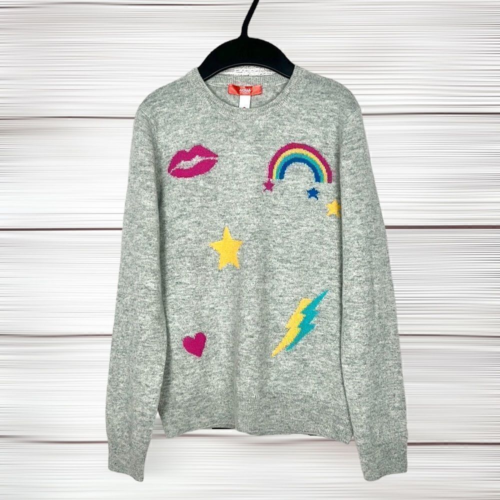 NWT New AQUA Girls Cashmere Crewneck Sweater Gray with Stars and Rainbow L